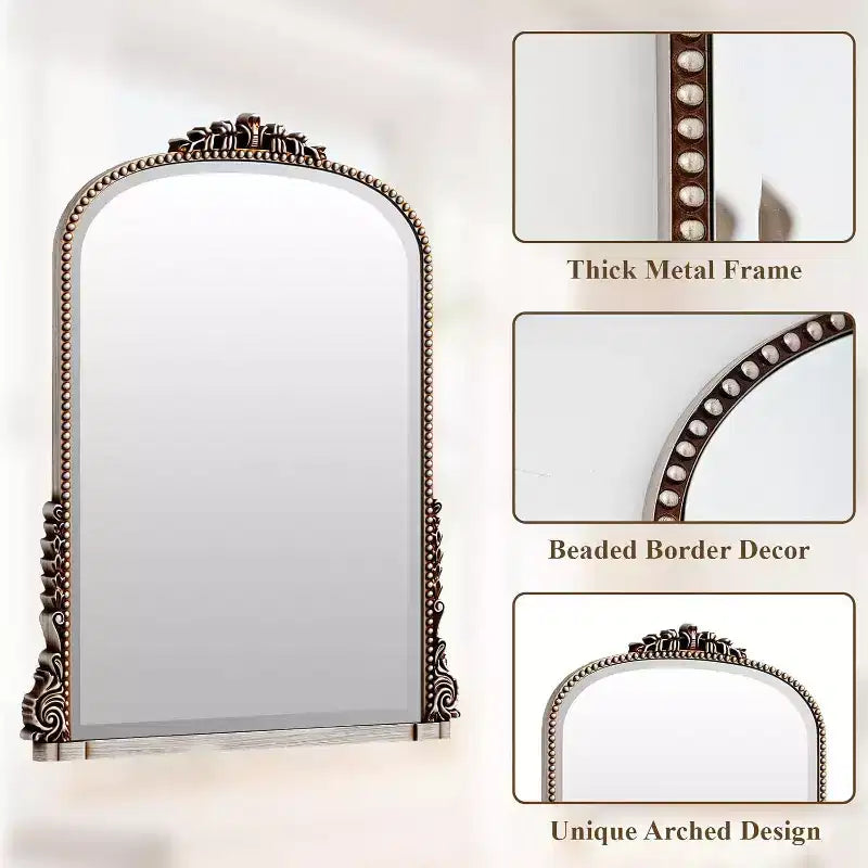 Miroir mural 40x28, miroir à perles arqué avec cadre en métal, miroir décoratif de salle de bain pour entrée, chambre ou salon