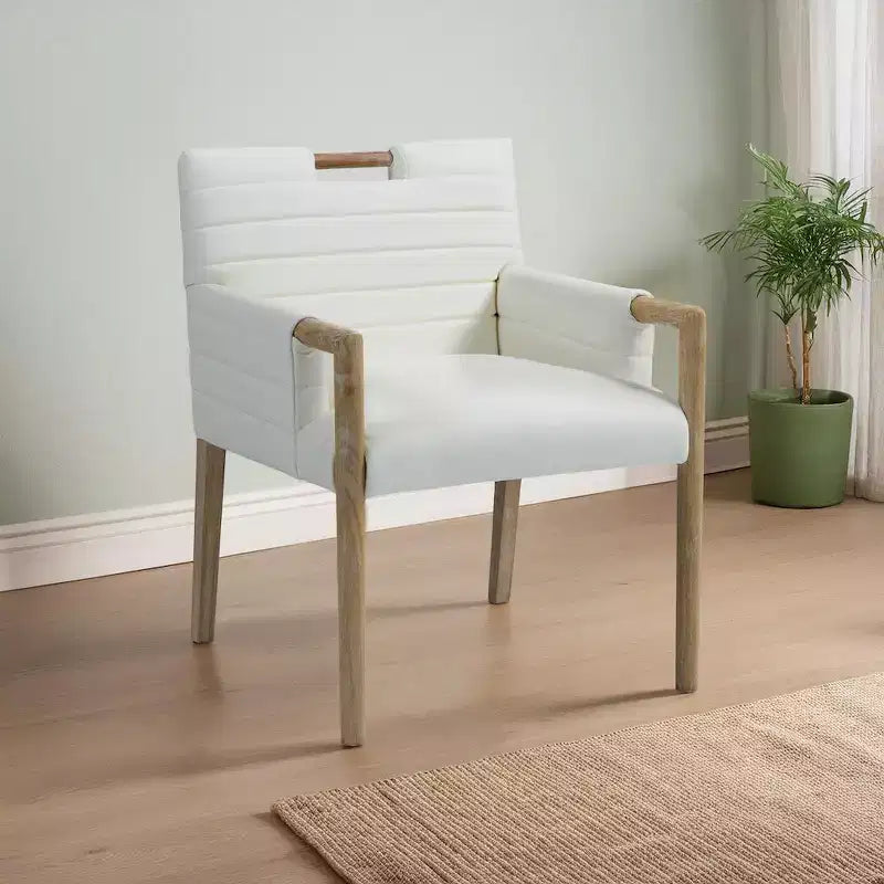 Chaise de salle à manger en cuir végétalien - Dossier capitonné cannelé, pieds en chêne naturel