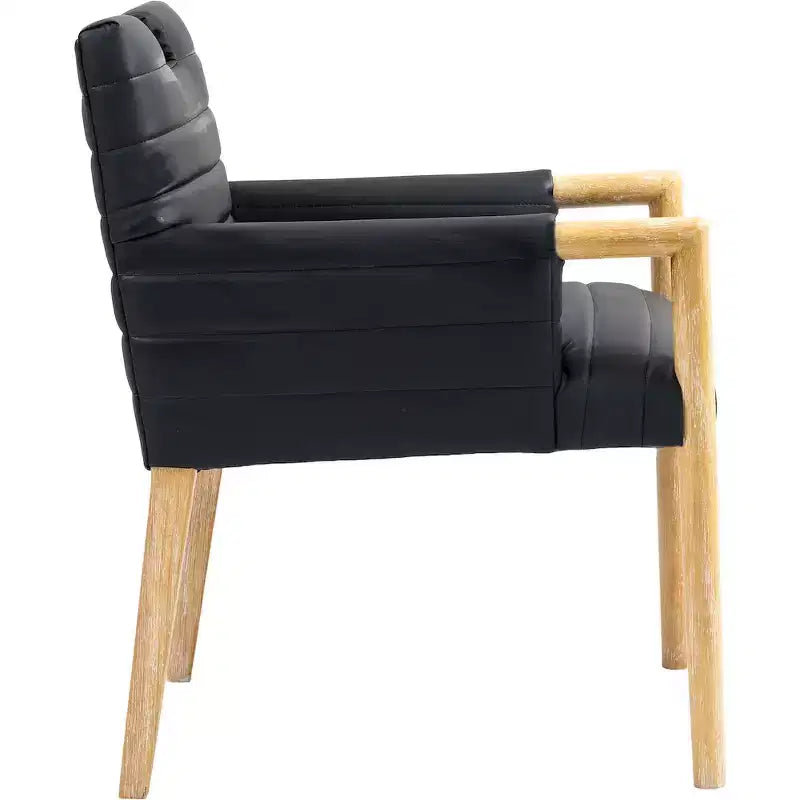 Chaise de salle à manger en cuir végétalien - Dossier capitonné cannelé, pieds en chêne naturel