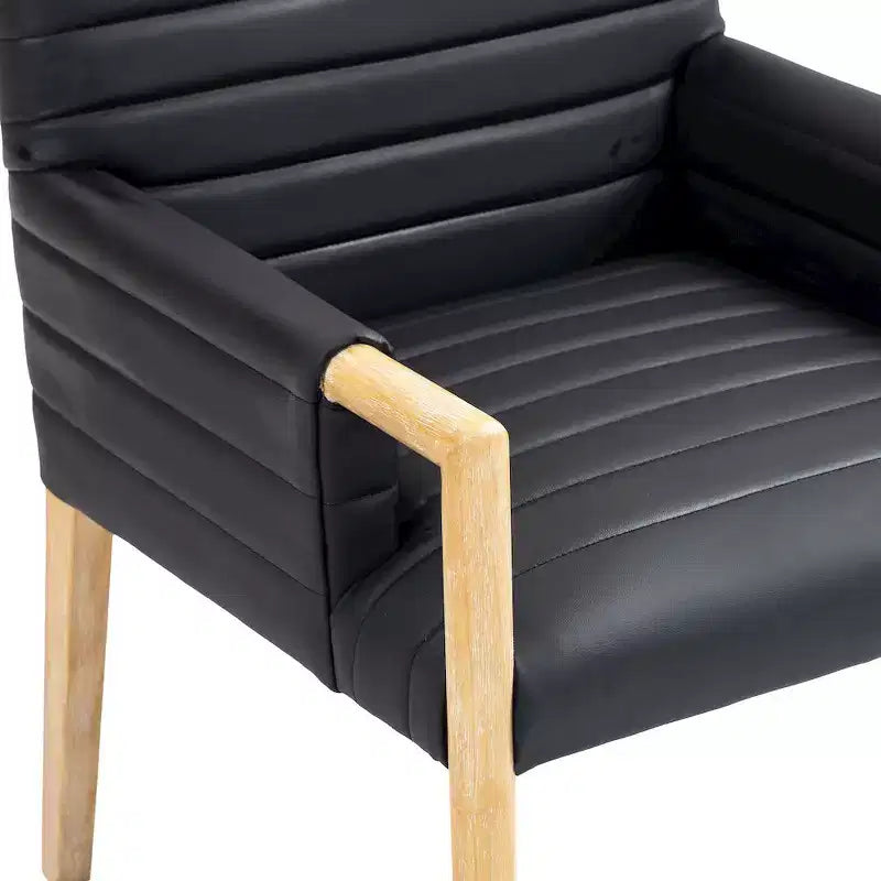 Chaise de salle à manger en cuir végétalien - Dossier capitonné cannelé, pieds en chêne naturel