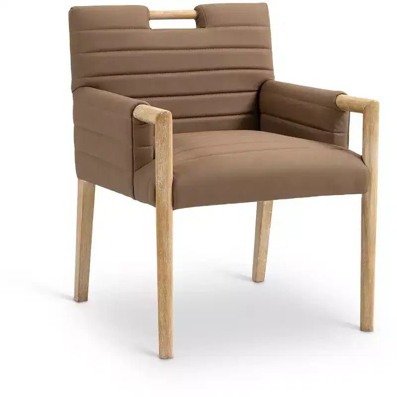 Chaise de salle à manger en cuir végétalien - Dossier capitonné cannelé, pieds en chêne naturel