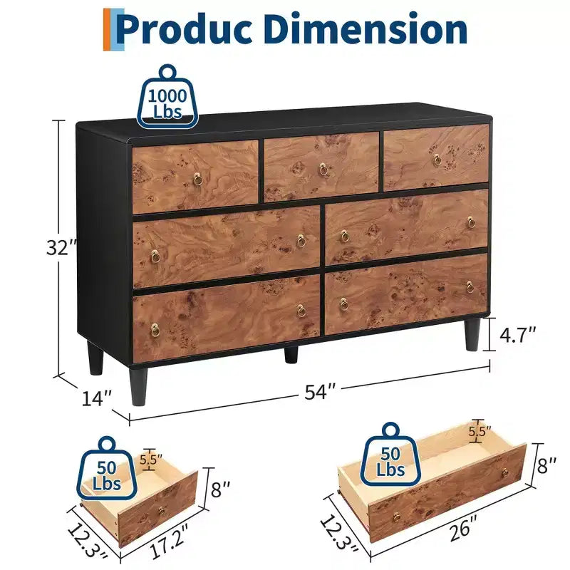 Commode moderne à 6 tiroirs, 119 cm de large - Chêne naturel
