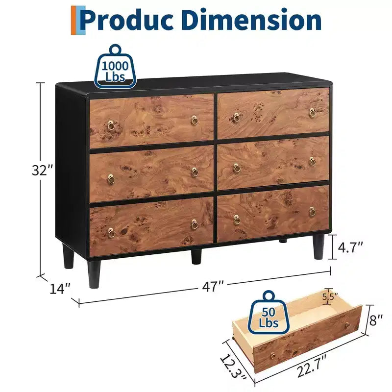 Commode moderne à 6 tiroirs, 119 cm de large - Chêne naturel