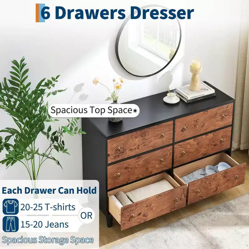 Commode moderne à 6 tiroirs, 119 cm de large - Chêne naturel