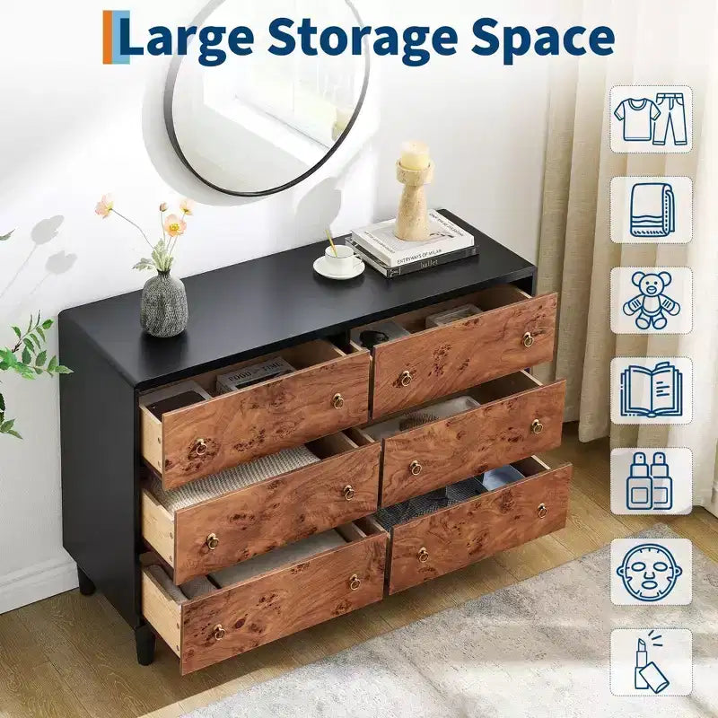 Commode moderne à 6 tiroirs, 119 cm de large - Chêne naturel