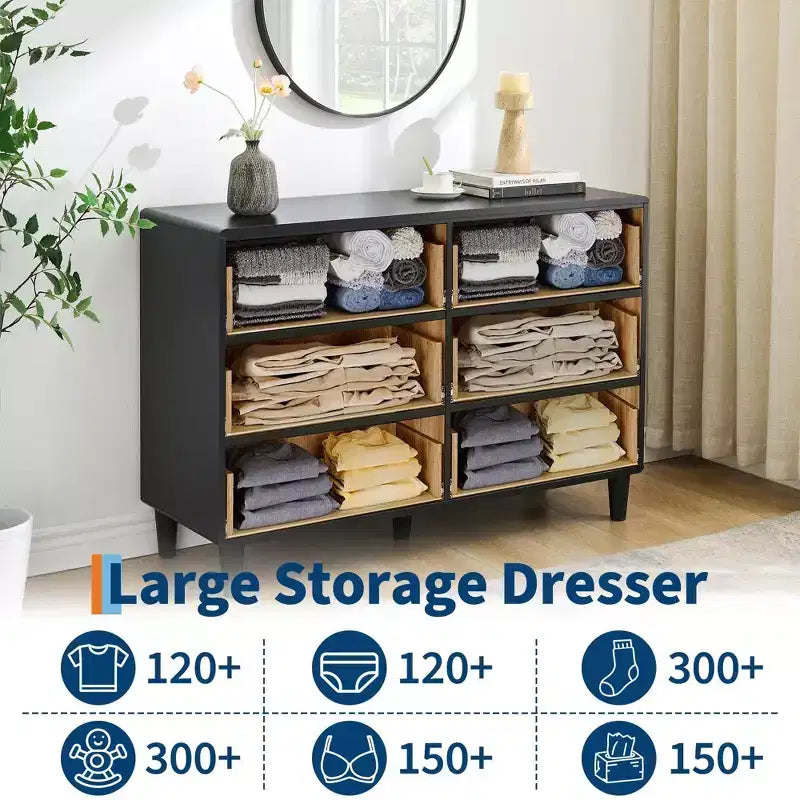 Commode moderne à 6 tiroirs, 119 cm de large - Chêne naturel