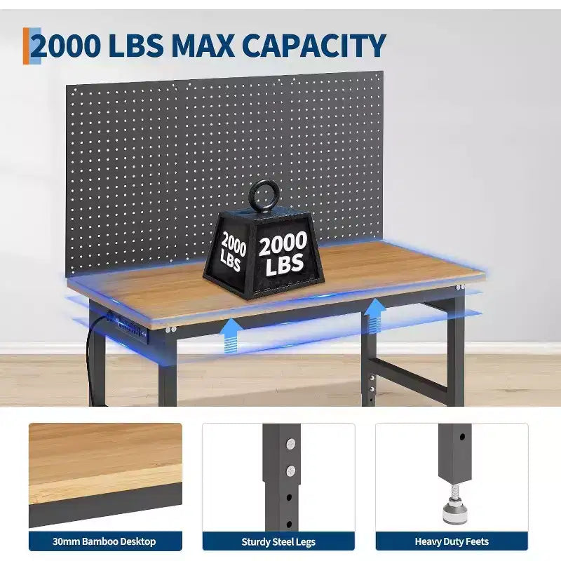 Établi réglable 122 cm avec panneau perforé et bloc multiprise – Capacité 907 kg, hauteur 71-102 cm