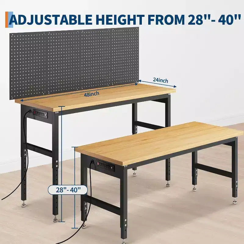 Établi réglable 122 cm avec panneau perforé et bloc multiprise – Capacité 907 kg, hauteur 71-102 cm