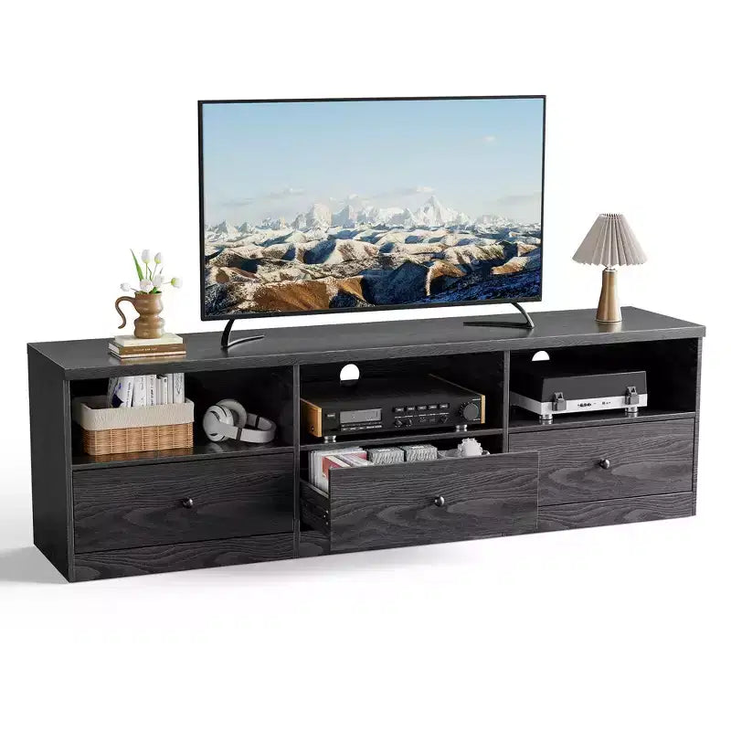 Meuble TV 70" pour téléviseurs jusqu'à 80" - 3 tiroirs, 3 étagères ouvertes, capacité 300 lb, noir