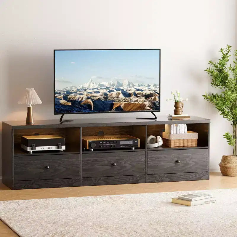 Meuble TV 70" pour téléviseurs jusqu'à 80" - 3 tiroirs, 3 étagères ouvertes, capacité 300 lb, noir