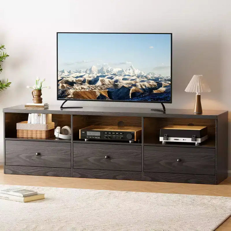 Meuble TV 70" pour téléviseurs jusqu'à 80" - 3 tiroirs, 3 étagères ouvertes, capacité 300 lb, noir
