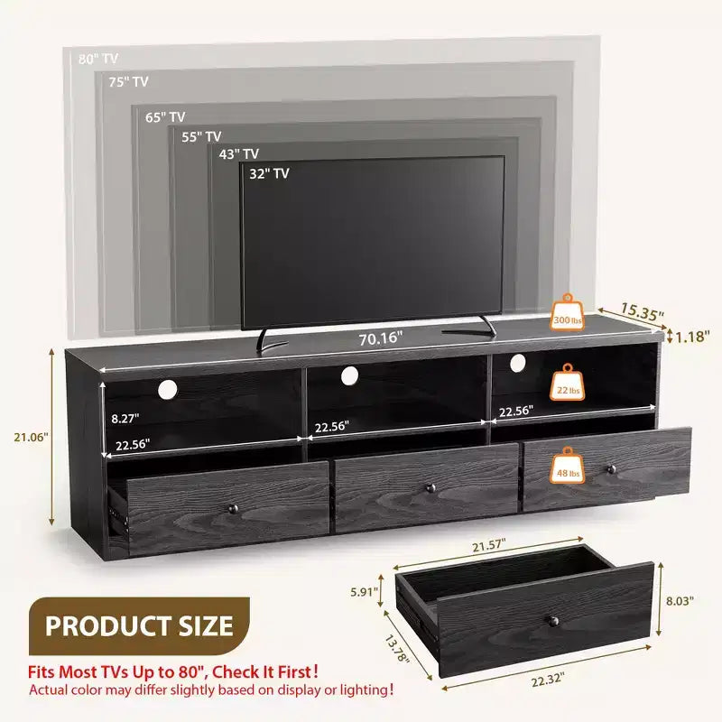Meuble TV 70" pour téléviseurs jusqu'à 80" - 3 tiroirs, 3 étagères ouvertes, capacité 300 lb, noir