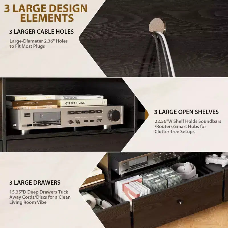 Meuble TV 70" pour téléviseurs jusqu'à 80" - 3 tiroirs, 3 étagères ouvertes, capacité 300 lb, noir