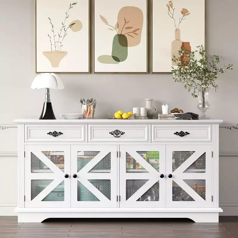 Buffet de ferme de 160 cm avec 3 tiroirs, 4 portes coulissantes grillagées et station de charge