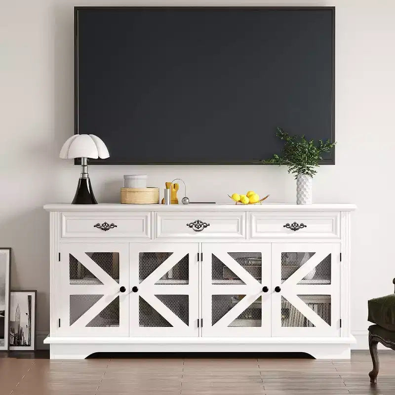 Buffet de ferme de 160 cm avec 3 tiroirs, 4 portes coulissantes grillagées et station de charge