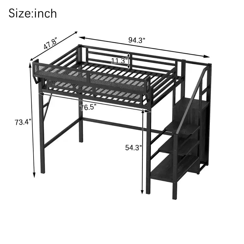 Lit mezzanine double avec escalier, lit mezzanine double en métal avec étagères de rangement, lit mezzanine haut avec armoire pour enfants et adolescents, noir