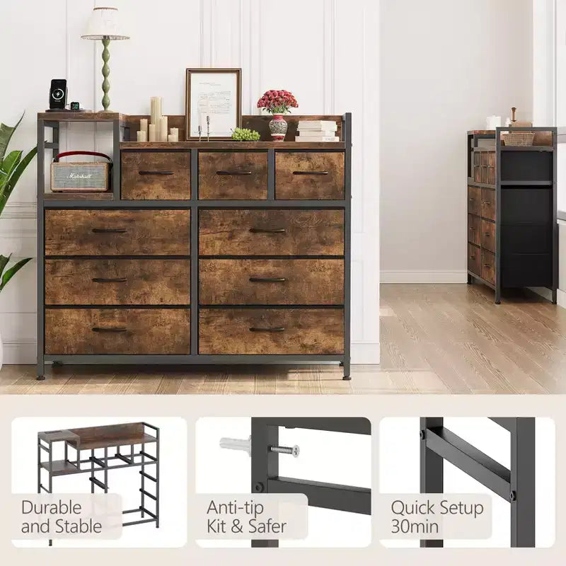 39Commode de 9 tiroirs en métal et tissu de style ferme pour chambre à coucher, placard, salon, appartement,