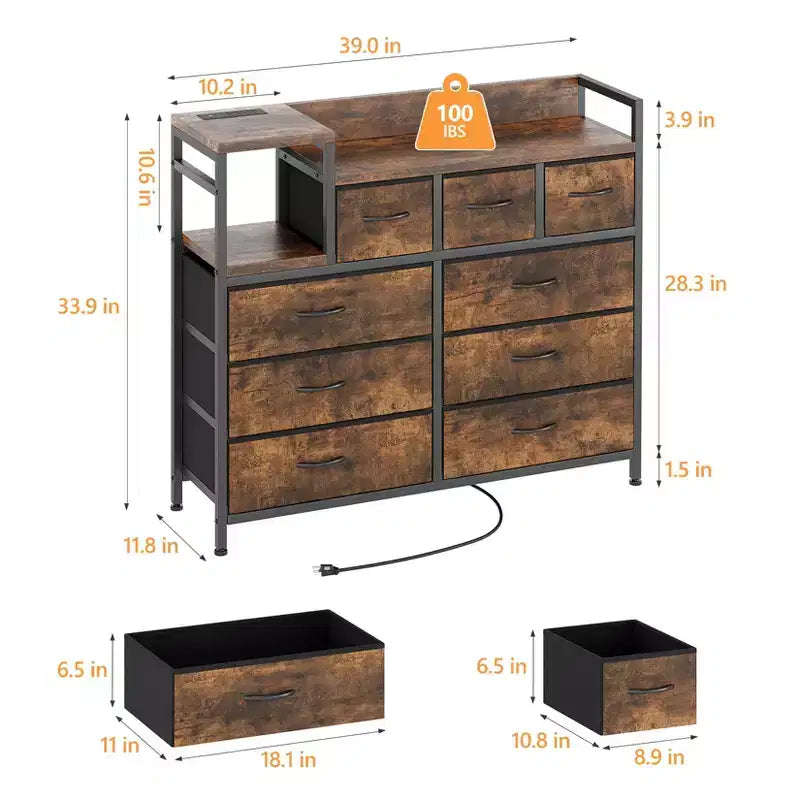 39Commode de 9 tiroirs en métal et tissu de style ferme pour chambre à coucher, placard, salon, appartement,