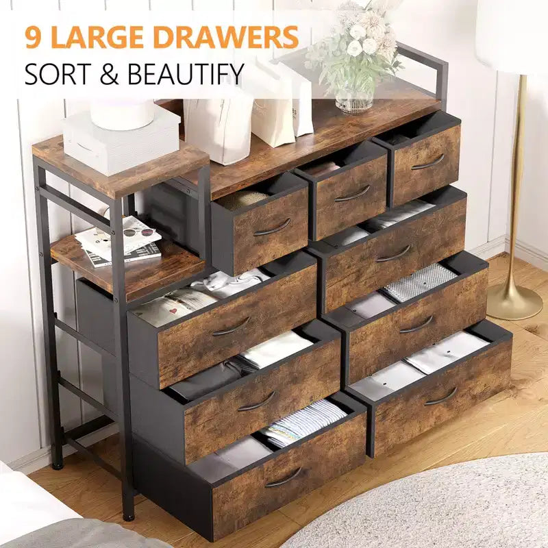 39Commode de 9 tiroirs en métal et tissu de style ferme pour chambre à coucher, placard, salon, appartement,