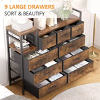 39Commode de 9 tiroirs en métal et tissu de style ferme pour chambre à coucher, placard, salon, appartement,