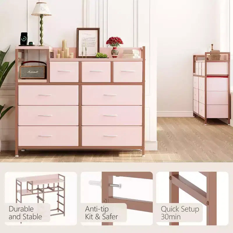 39Commode de 9 tiroirs en métal et tissu de style ferme pour chambre à coucher, placard, salon, appartement,
