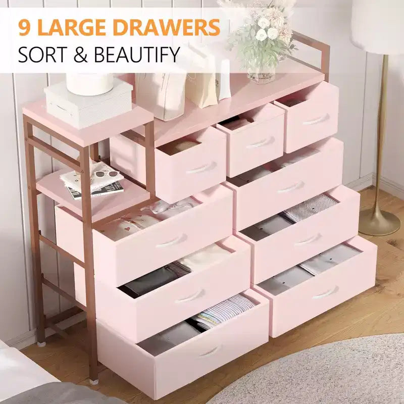 39Commode de 9 tiroirs en métal et tissu de style ferme pour chambre à coucher, placard, salon, appartement,