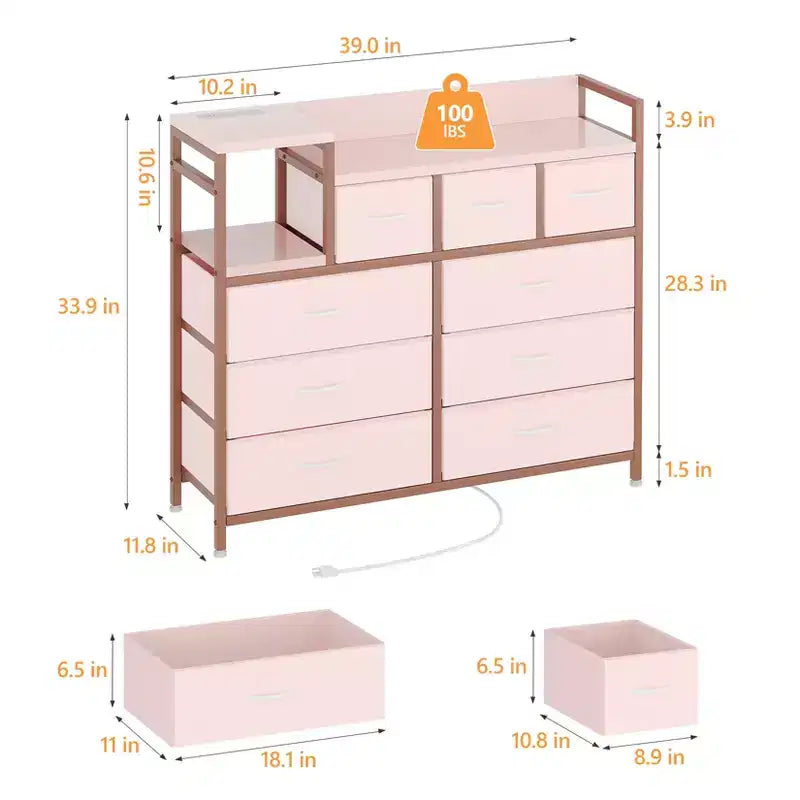 39Commode de 9 tiroirs en métal et tissu de style ferme pour chambre à coucher, placard, salon, appartement,