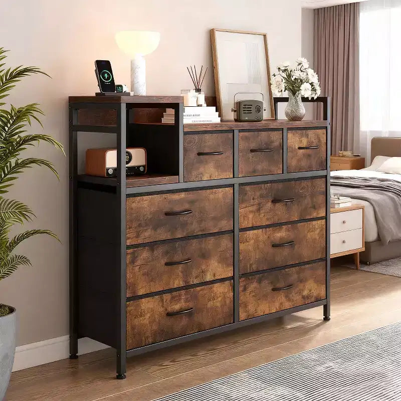 39Commode de 9 tiroirs en métal et tissu de style ferme pour chambre à coucher, placard, salon, appartement,