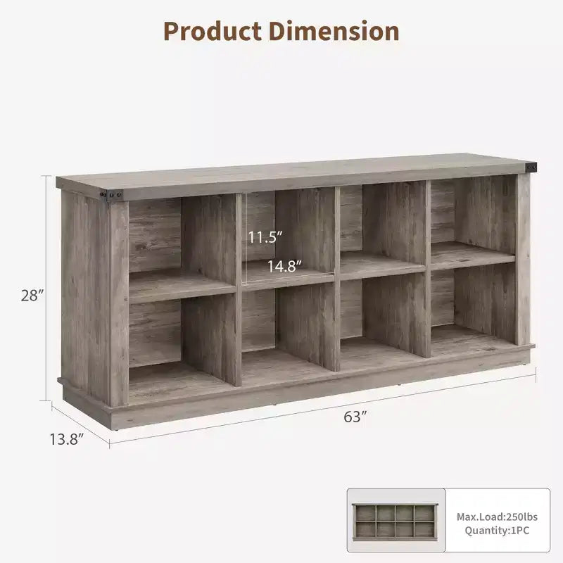 Bibliothèque de rangement 8 cubes, style ferme, bibliothèque horizontale, bibliothèque de rangement en bois de 62 pouces pour entrée, étagère longue et courte