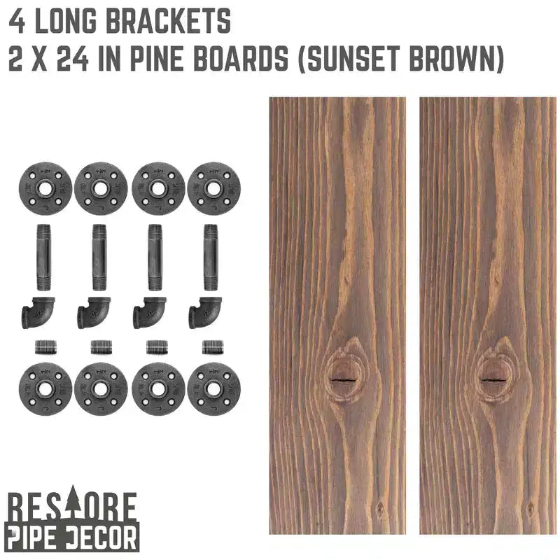 Étagères murales tuyau industriel avec supports en L – Marron coucher de soleil, 61 cm, lot de 2