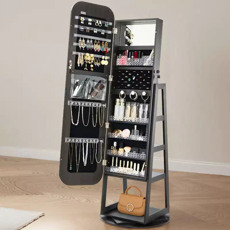 Meuble à bijoux pivotant à 360° de 160 cm avec miroir pleine longueur et serrure - Noir