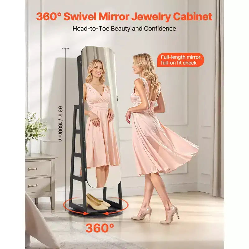 Meuble à bijoux pivotant à 360° de 160 cm avec miroir pleine longueur et serrure - Noir