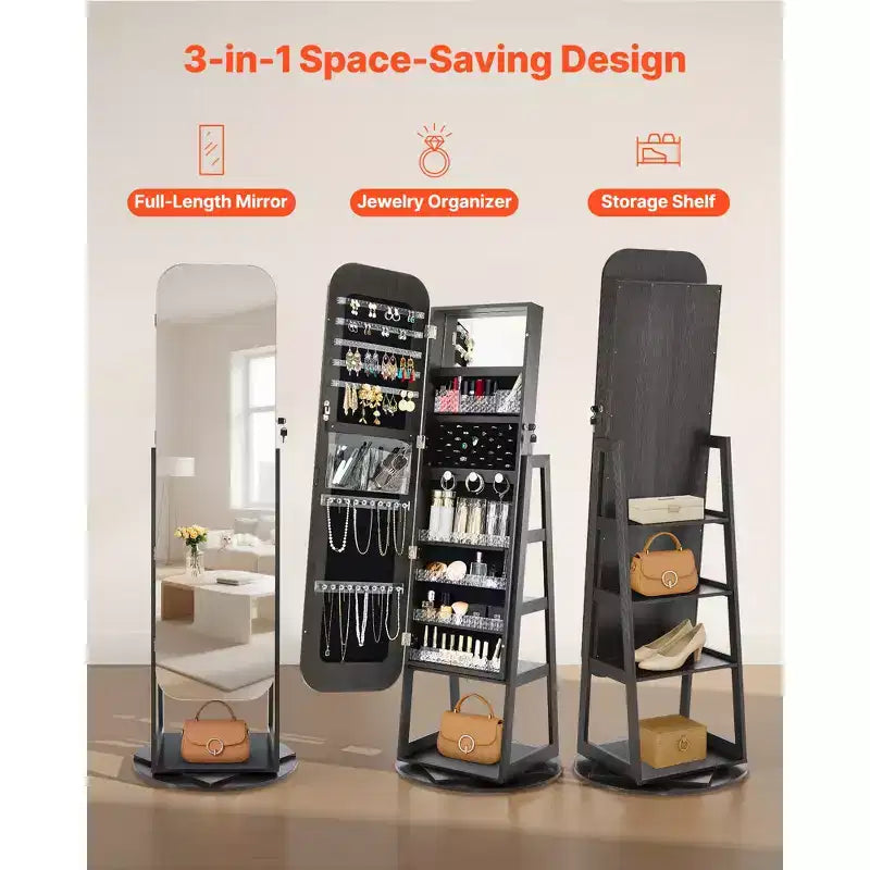 Meuble à bijoux pivotant à 360° de 160 cm avec miroir pleine longueur et serrure - Noir