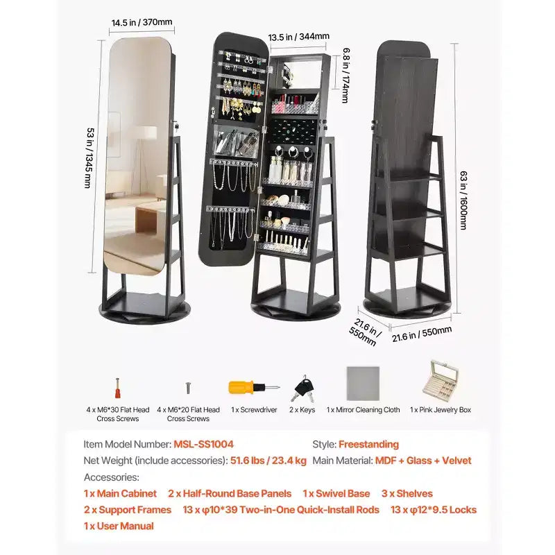 Meuble à bijoux pivotant à 360° de 160 cm avec miroir pleine longueur et serrure - Noir