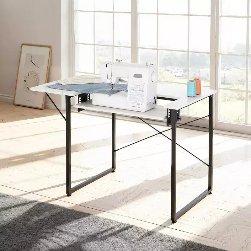 Table de couture multifonctionnelle avec étagère pliable et pieds en acier, blanche