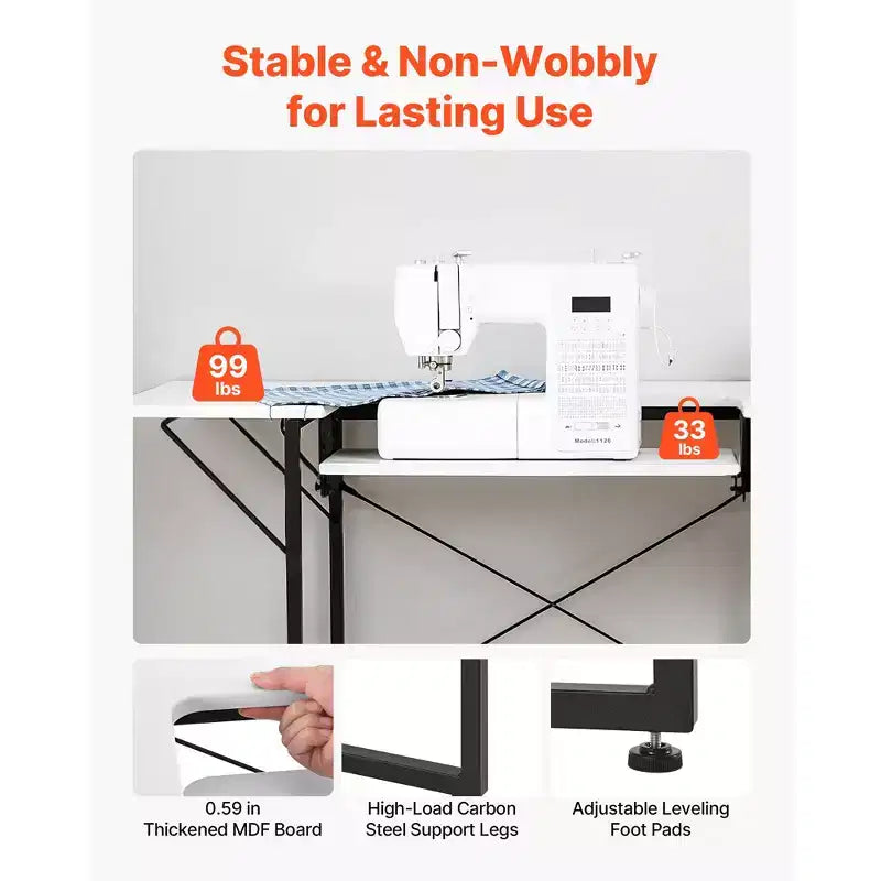 Table de couture multifonctionnelle avec étagère pliable et pieds en acier, blanche