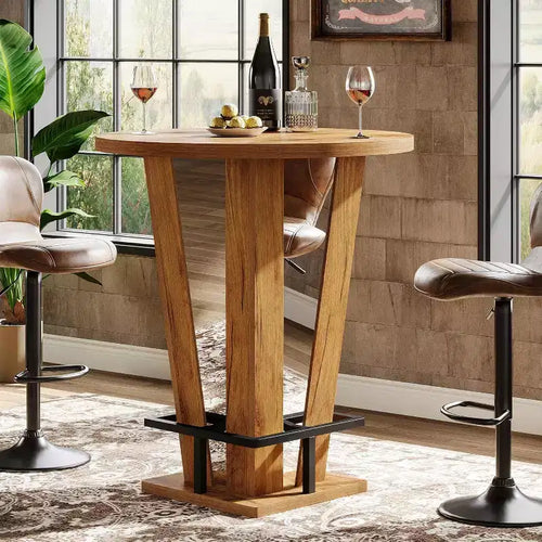 Lantine Round Bar Table, 39.4 H High Top Cocktail Bistro Pub Table with Metal Footrest for Living Room, Small Space (Only Table) (Brown)
