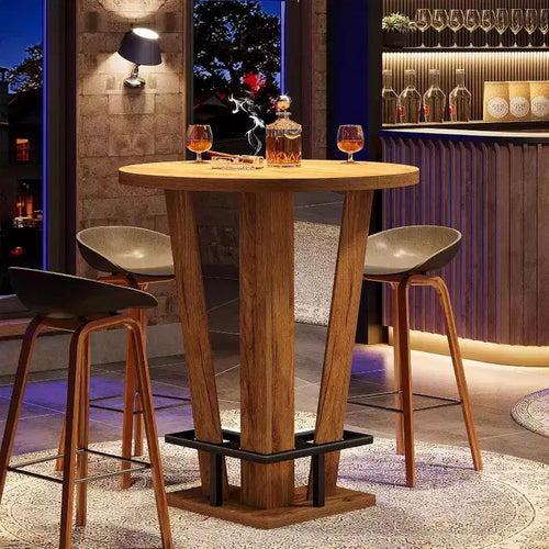 Table de bar haute ronde de 100 cm avec repose-pieds en métal - Table de bistrot marron