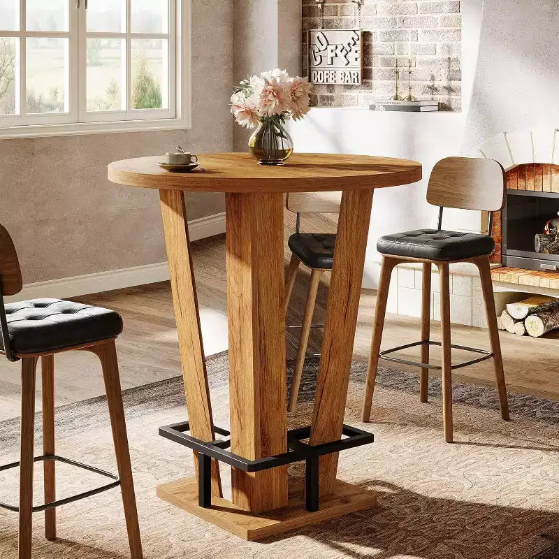 Table de bar haute ronde de 100 cm avec repose-pieds en métal - Table de bistrot marron
