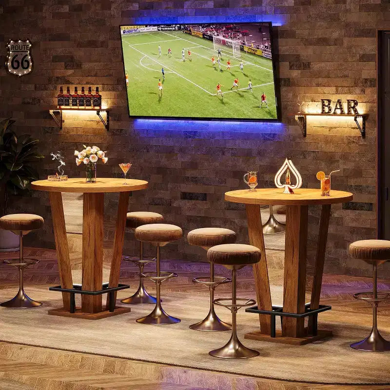 Table de bar haute ronde de 100 cm avec repose-pieds en métal - Table de bistrot marron