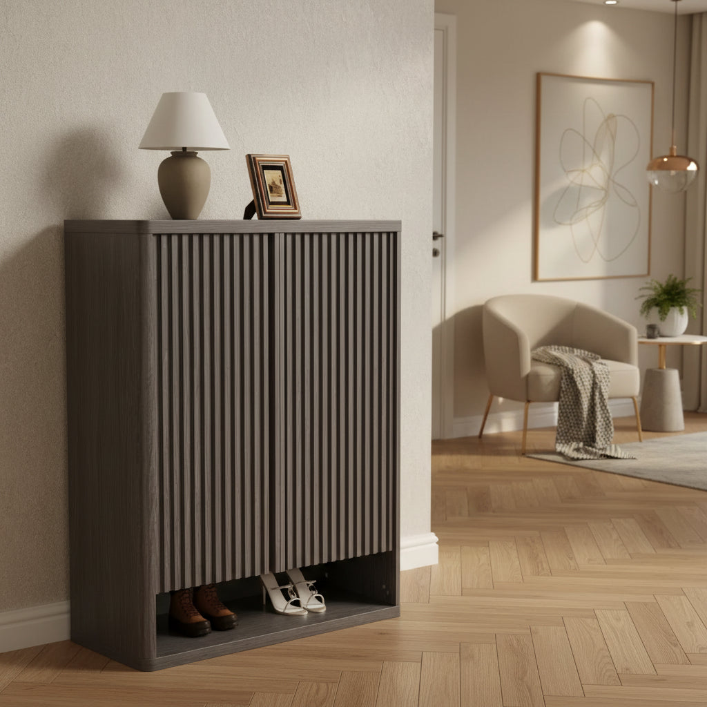 Meuble à chaussures moderne en bois de 80 cm avec étagères réglables, porte cannelée, grand organisateur de chaussures pour entrée, peut contenir 25-30 paires, pour couloir ou salon