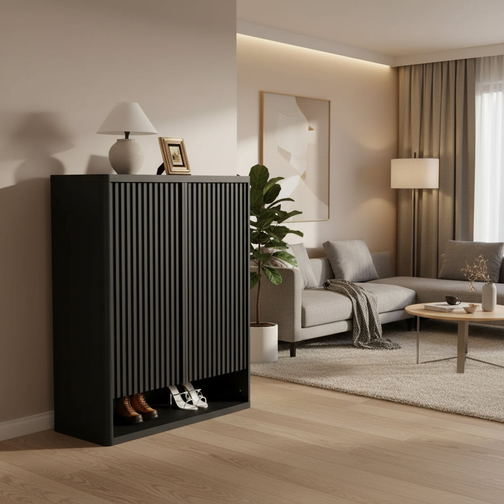 Meuble à chaussures moderne en bois de 80 cm avec étagères réglables, porte cannelée, grand organisateur de chaussures pour entrée, peut contenir 25-30 paires, pour couloir ou salon