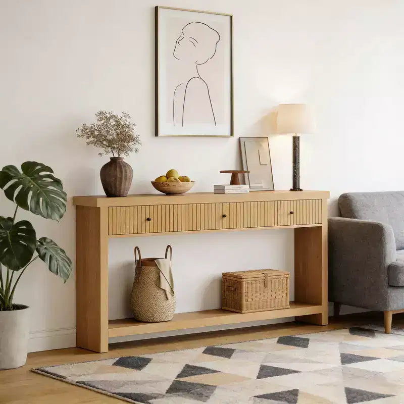 Console en chêne sauvage minimaliste japonaise de 180 cm avec 3 tiroirs