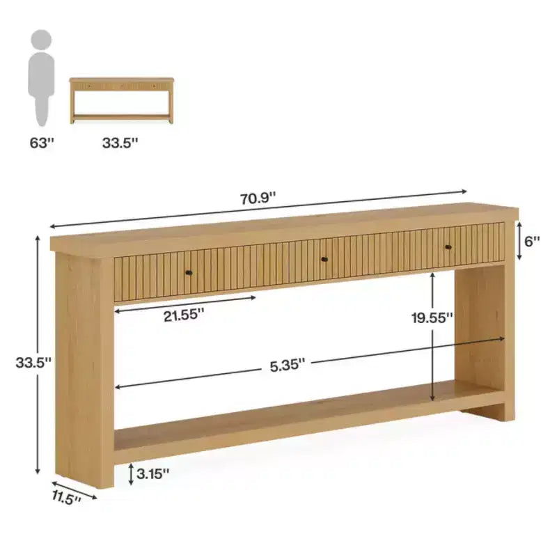 Console en chêne sauvage minimaliste japonaise de 180 cm avec 3 tiroirs