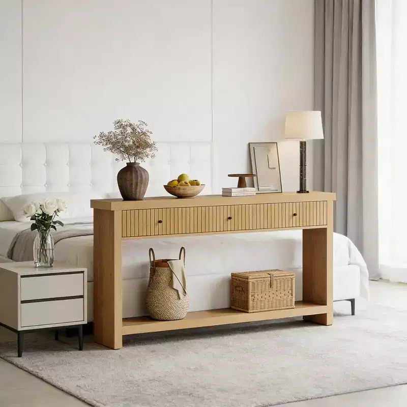 Console en chêne sauvage minimaliste japonaise de 180 cm avec 3 tiroirs