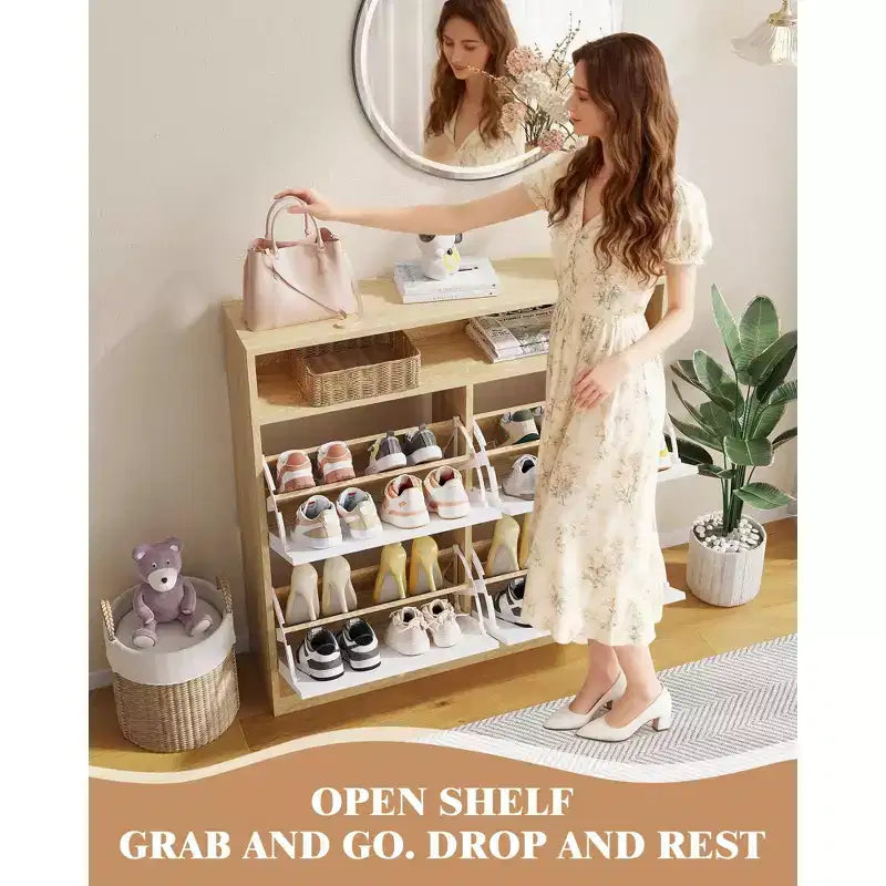 Meuble à chaussures étroit en bois avec 4 tiroirs basculants et étagère ouverte, meuble de rangement autonome pour chaussures pour entrée, couloir et chambre à coucher