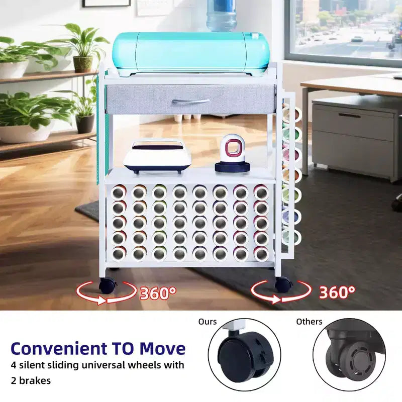 Meuble de rangement mobile pour loisirs créatifs avec support pour rouleaux de vinyle et support pour presse à chaud, organisateur compatible avec roulettes et tiroir pour salle de loisirs créatifs