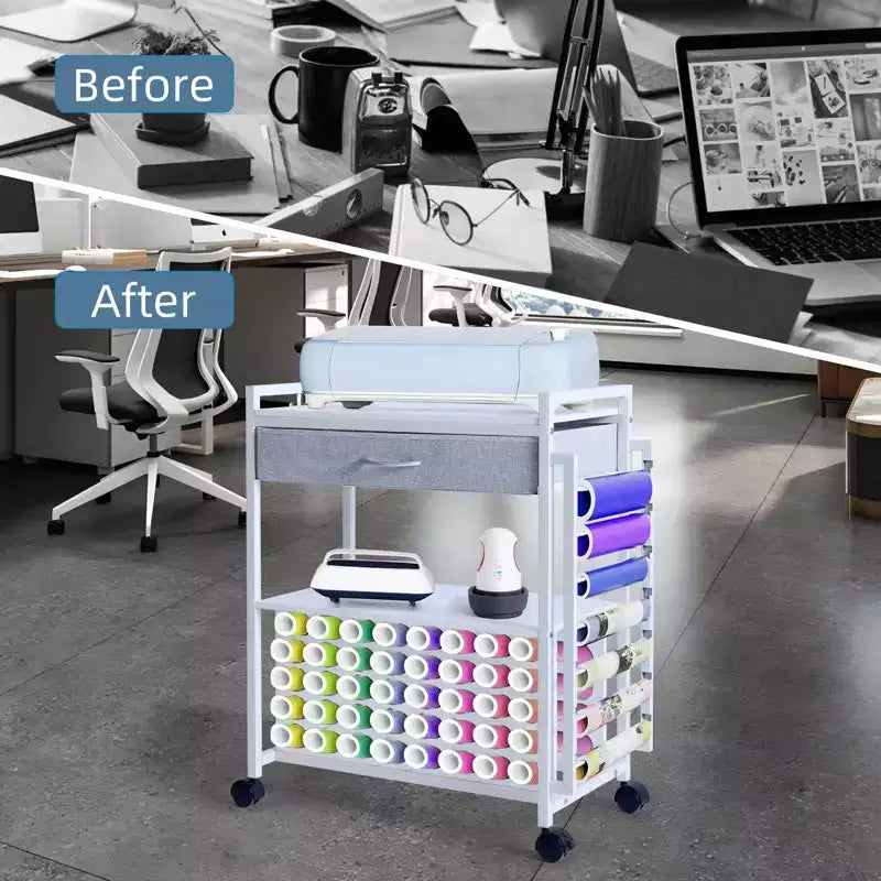 Meuble de rangement mobile pour loisirs créatifs avec support pour rouleaux de vinyle et support pour presse à chaud, organisateur compatible avec roulettes et tiroir pour salle de loisirs créatifs