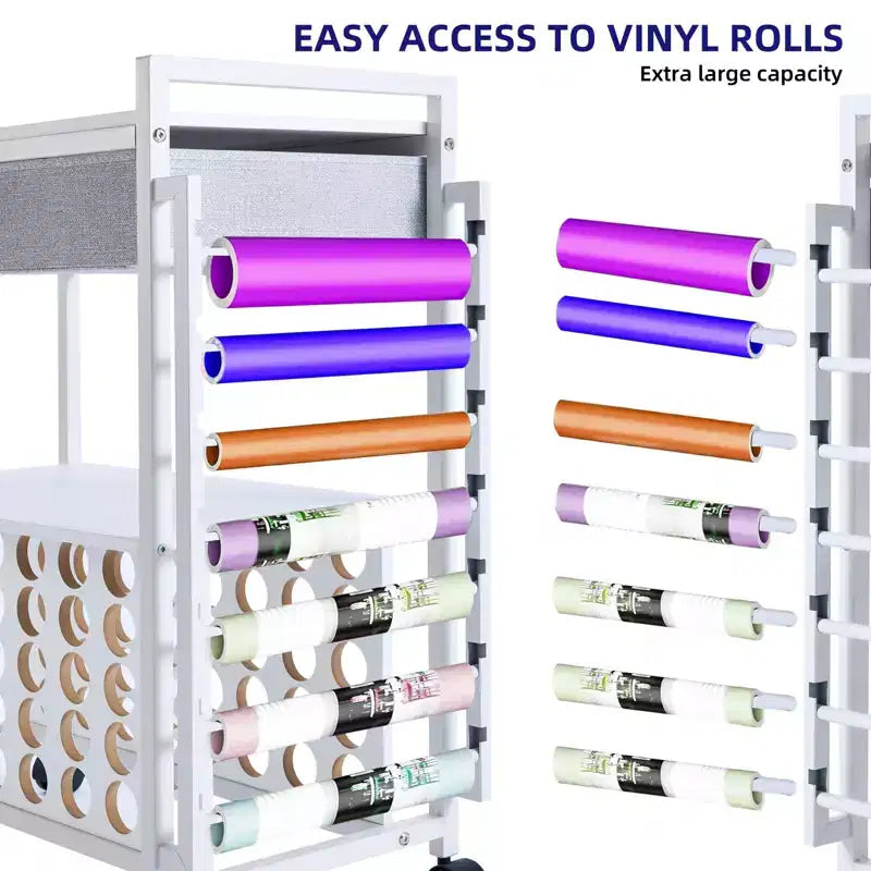 Meuble de rangement mobile pour loisirs créatifs avec support pour rouleaux de vinyle et support pour presse à chaud, organisateur compatible avec roulettes et tiroir pour salle de loisirs créatifs