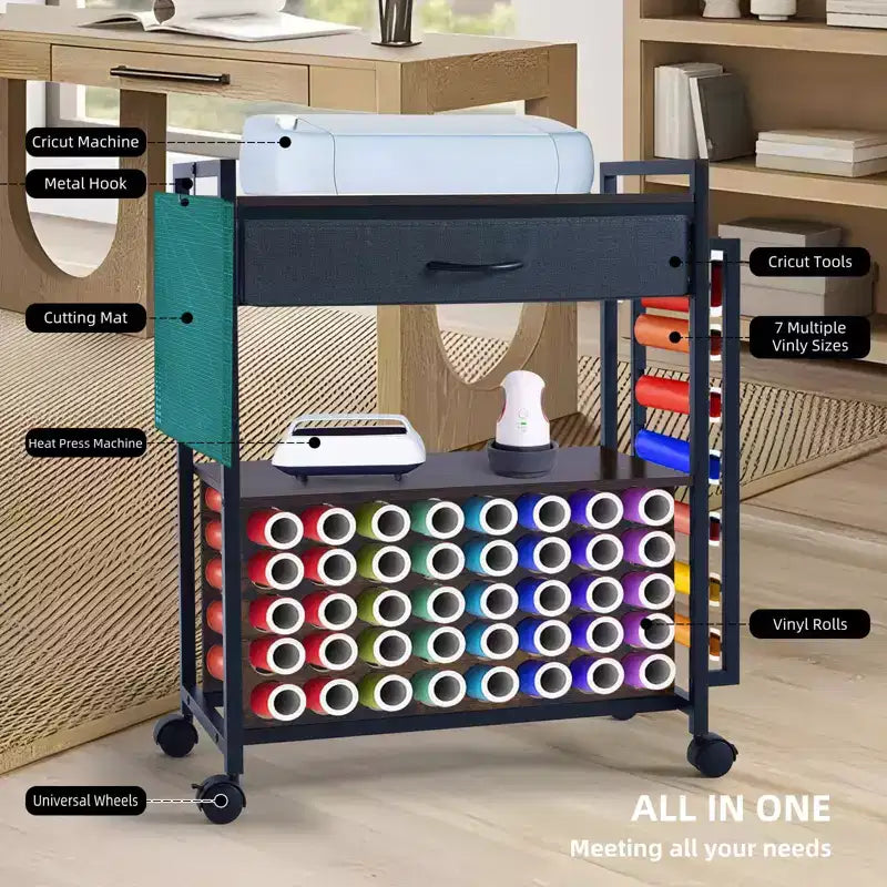 Meuble de rangement mobile pour loisirs créatifs avec support pour rouleaux de vinyle et support pour presse à chaud, organisateur compatible avec roulettes et tiroir pour salle de loisirs créatifs